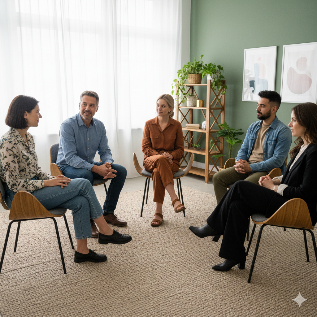 Grupa pięciu osób siedzących w kręgu, prowadząca dyskusję, prawdopodobnie na terapii grupowej.