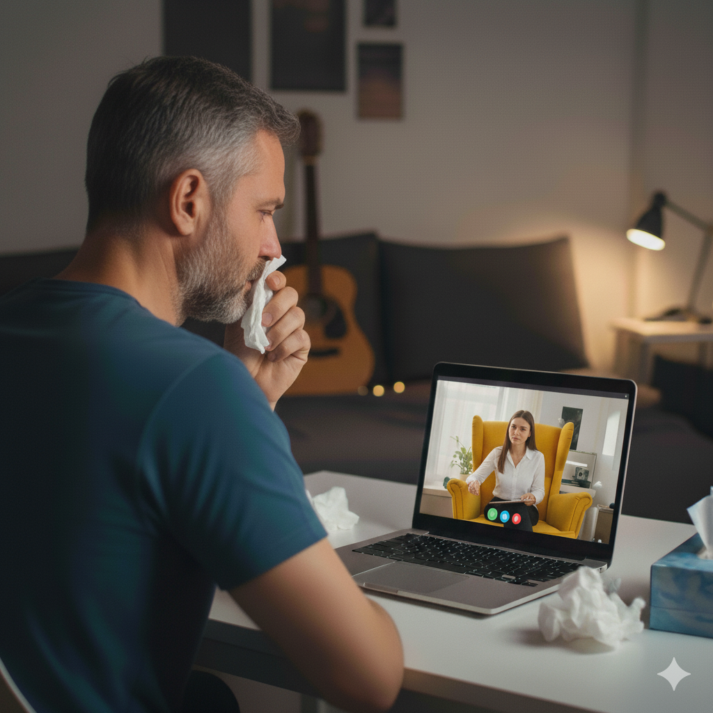 Mężczyzna podczas teleterapii online, trzyma chusteczkę przy nosie, na biurku zużyte chusteczki.